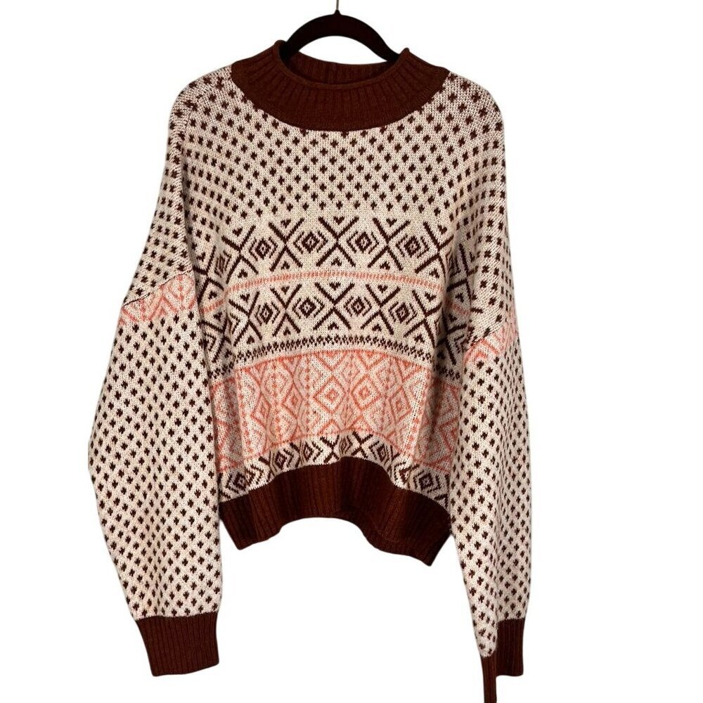 Retro‎ Knit Christmas Sweater Brown XL Roll Neck Western Boho Festive Holiday